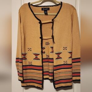 Denim & Co Navajo Aztec Patterned Open Cardigan, Tan With Red And Blue Medium